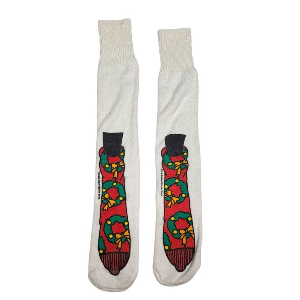 Warner Bros Tube Socks Christmas Wreath Long White Holiday Vintage Funny‎ Silly